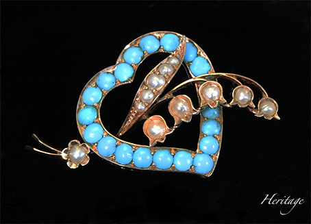 ペルシャ産トルコ石＆天然真珠の鈴蘭のハート型ブローチ