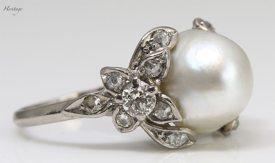 アールデコの大珠天然真珠＆オールドヨーロピアンカット・ダイヤモンドのゴージャスなリング