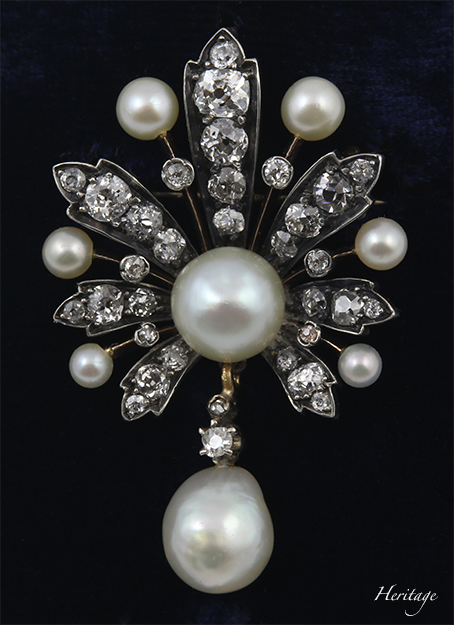 マーメイドの宝物のような天然真珠＆ダイヤモンドのアンティークのペンダント＆ブローチ