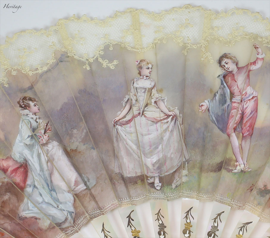 若い貴族の男女を描いたアンティーク・レース＆シルクの扇