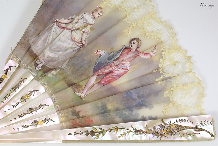 アンティークレースと手描きで貴族の男女の社交が描かれたフランスの美しい扇 | フランス・アンティーク