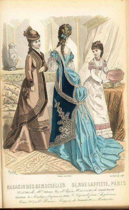 1870年代のヨーロッパのファッション（バッスルによるS字型ラインの流行）