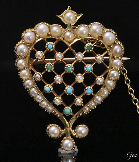 ラティスワークが美しい天然真珠＆ペルジャン・ターコイズのハート型ブローチ　ヴィクトリアンのアンティーク・ジュエリー