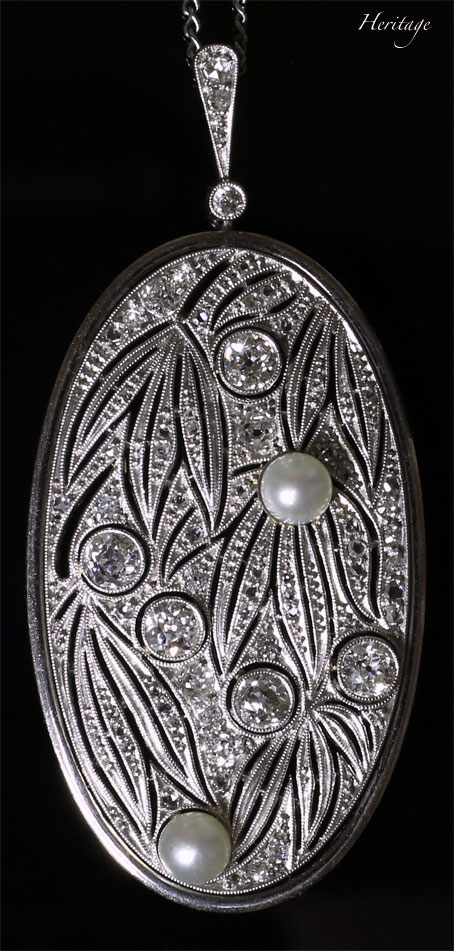 アールデコ・ジャポニズムの笹モチーフの天然真珠＆ダイヤモンド・ペンダント