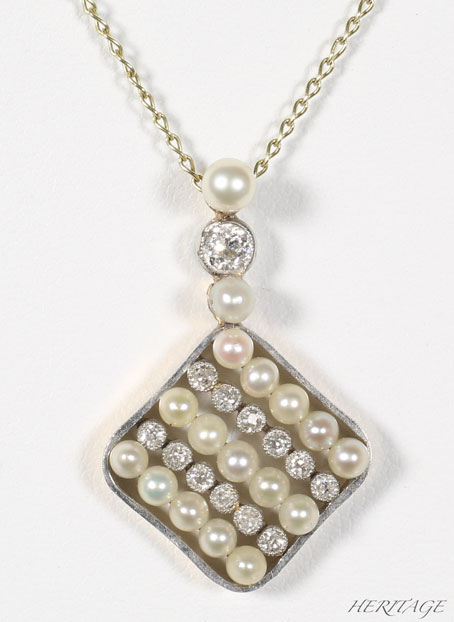 エドワーディアンの天然真珠＆ダイヤモンドのストライプ・デザインのペンダント