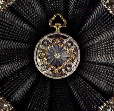 ティファニーの黒ギロッシュエナメルとダイヤモンドのアンティークの懐中時計（ペンダントウォッチ）