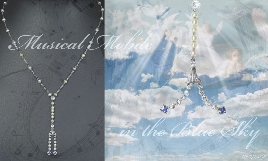 モンタナサファイアを使ったアールデコの天然真珠＆ダイヤモンドのラグジュアリーなネックレス
