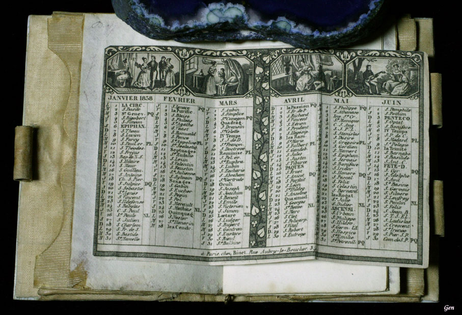1838年のカレンダーが付いたフランスのアンティークの舞踏会の手帳
