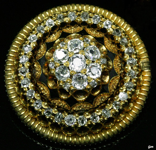 ヴィクトリアンのダイヤモンド＆黒エナメルの円形のアンティーク・ゴールド・ブローチ