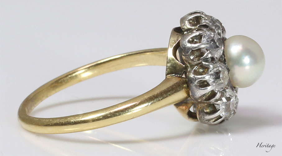 天然真珠＆オールドヨーロピアンカット・ダイヤモンドのクラスターリング　アンティーク・ジュエリー