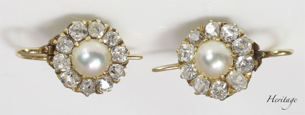 天然真珠とダイヤモンドのクラスター・ピアス　アンティーク・ジュエリー