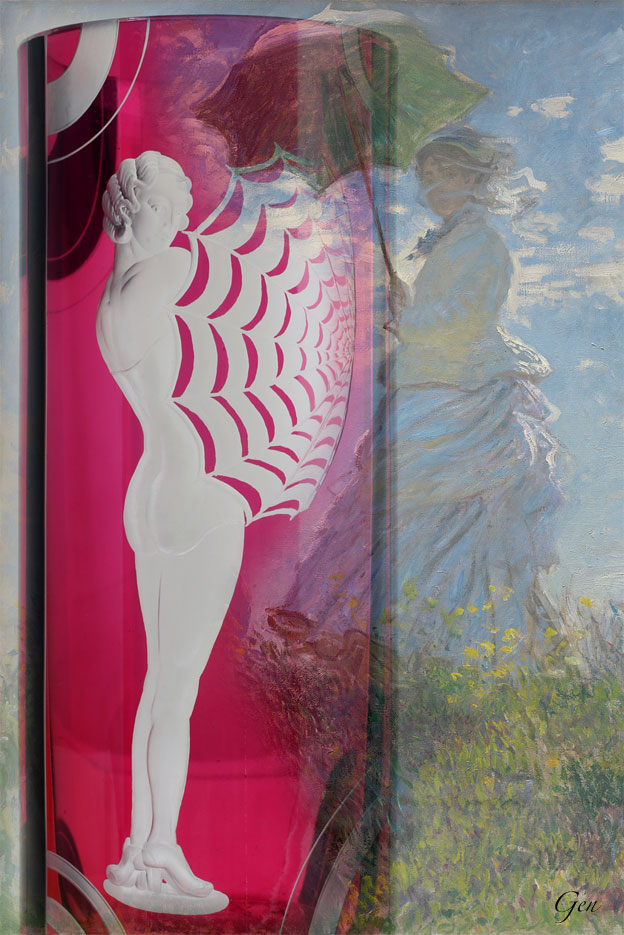 モネの絵にインスピレーションを受けた、1930年代アールデコの水着姿のパラソルを持つ女性のボヘミアン・グラスの花瓶 