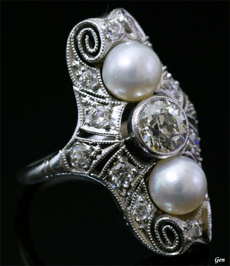 アールデコの天然真珠＆ダイヤモンドの透かしのリング