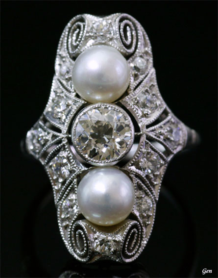 アールデコの天然真珠＆ダイヤモンドの透かしのリング