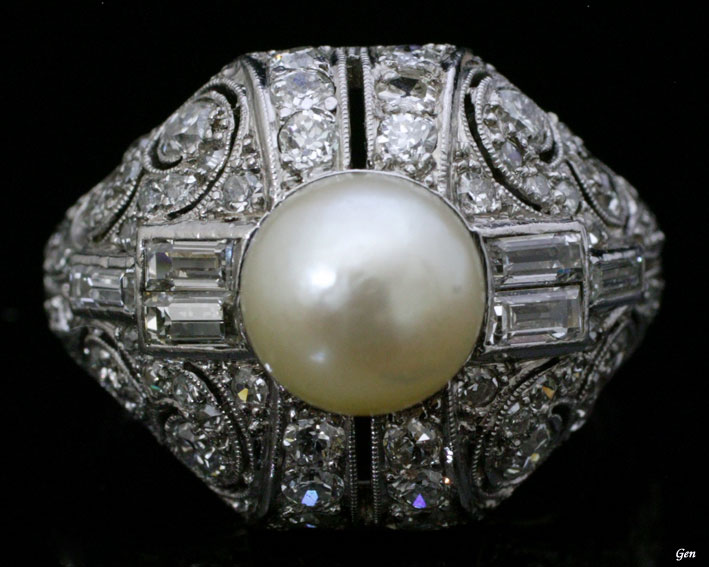 アールデコの天然真珠＆ステップカット・ダイヤモンドの透かしのリング