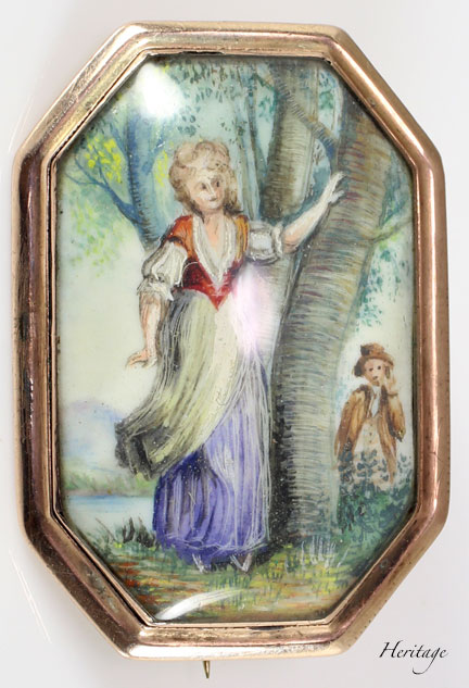 若い貴族の男女を描いた18世紀のミニアチュール（細密画）・ブローチ