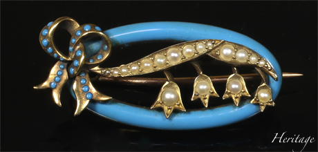 天然真珠のスズランのヴィクトリアンのエナメル・ブローチ　アンティークジュエリー