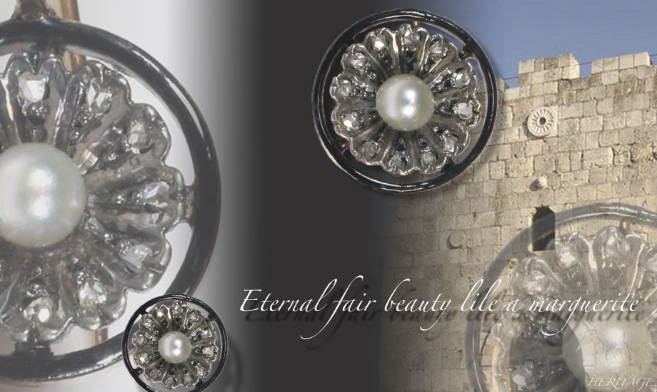 マーガレットの天然真珠＆ローズカット・ダイヤモンドの美しいアンティーク・ピアス