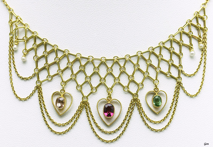 3色のトルマリン＆天然真珠のゴールド・チェーン・ネックレス