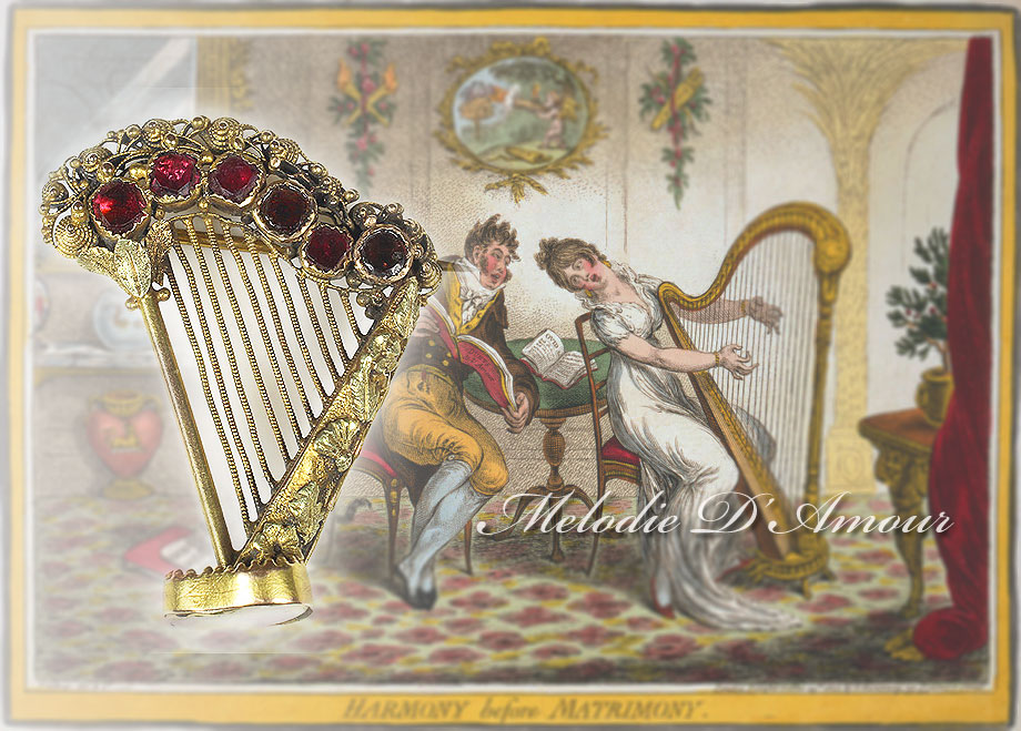 ジョージアンのイギリス貴族のカンティーユ＆ガーネットによる優美なハープのブローチ