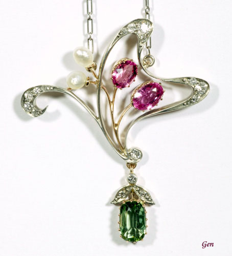 ペリドット＆ピンクトルマリン＆天然真珠のサフラジェットのネックレス