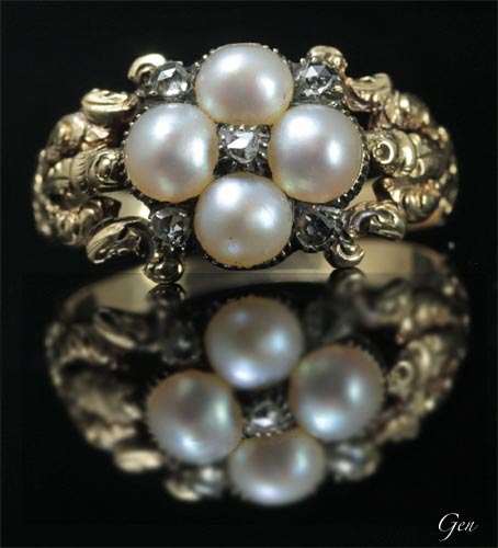ミッドヴィクトリアンの天然真珠＆ローズカット・ダイヤモンドのクラスターリング