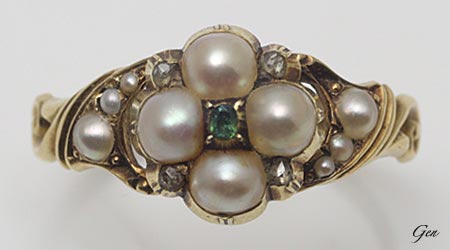 ミッド・ヴィクトリアンの天然真珠＆ダイヤモンド＆エメラルドのクラスターリング