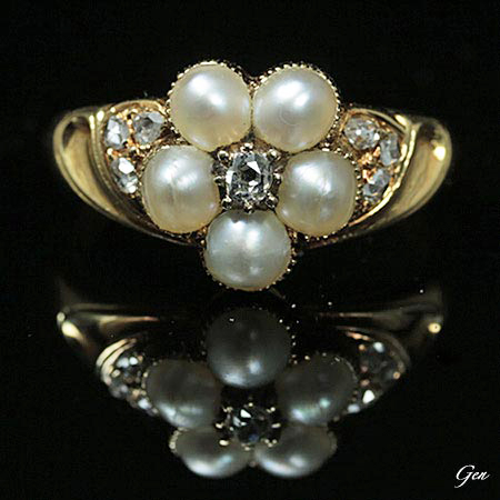 ミッドヴィクトリアンの天然真珠＆ローズカット・ダイヤモンドのクラスターリング