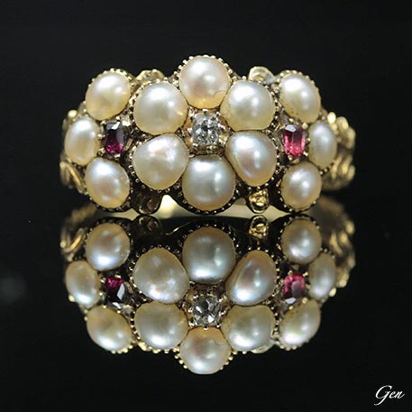 ミッドヴィクトリアンの天然真珠＆ダイヤモンド&ルビーの豪華なクラスターリング