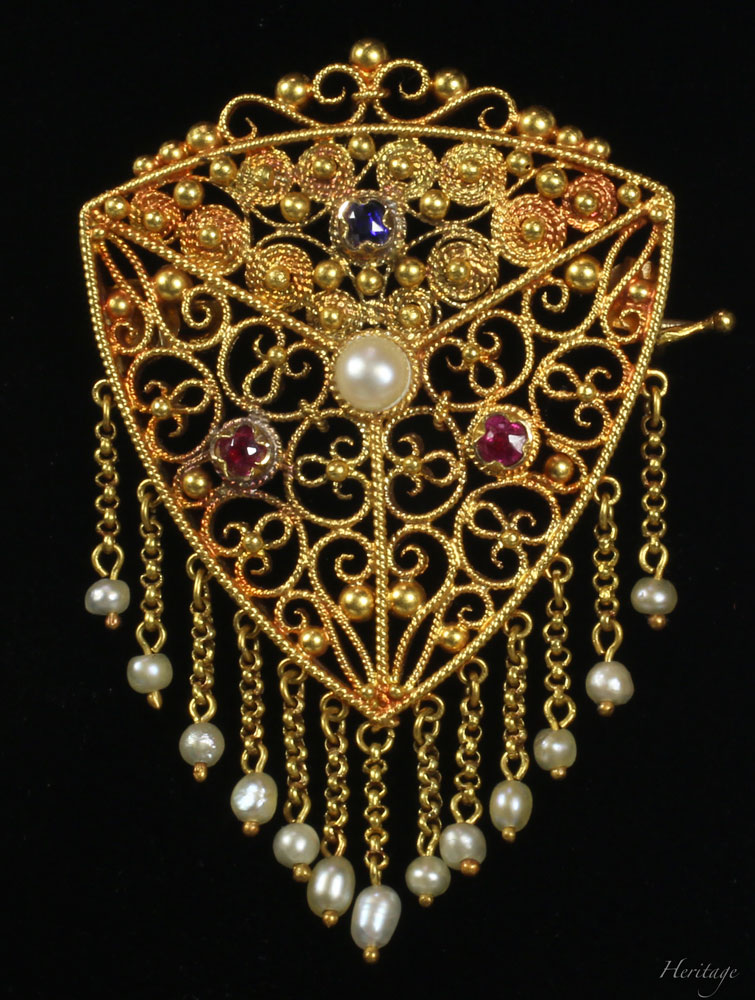 非加熱ルビー&サファイア＆天然真珠の金細工が美しいフリンジ・ブローチ