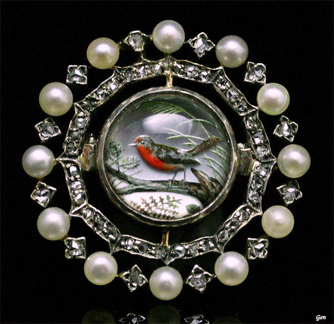 桃】アンティークブローチ： 金工銀と真珠の成り物図-