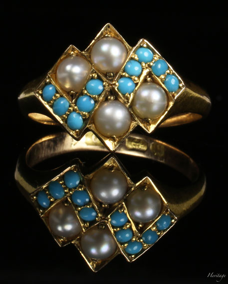 ペルシャ産トルコ石＆天然真珠のアングロ・ジャパニーズ・スタイルの幾何学リング