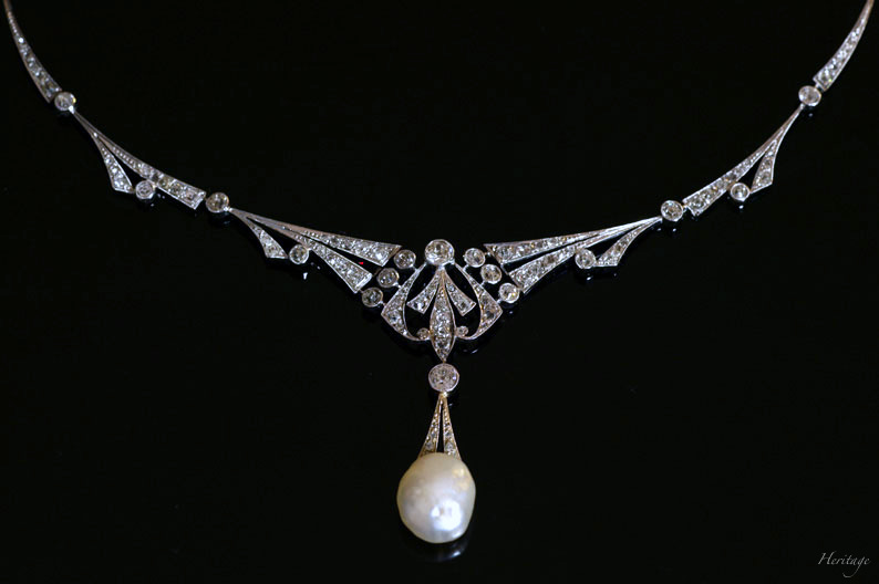 大珠天然真珠＆ダイヤモンドのアールデコのフランス製ネックレス