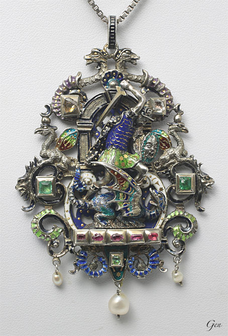 聖ジョージの龍退治、ネオ・ルネサンスの宝石＆エナメルのペンダント、オーストリアのアンティークジュエリー