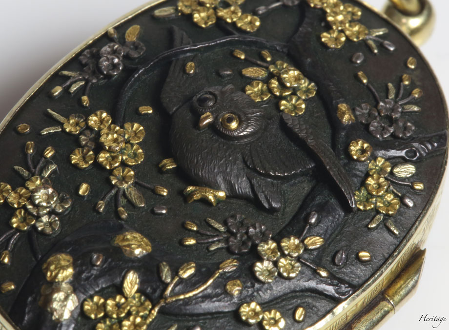 1890年頃 フランス 銅製 金属装飾『葉文』内ガラス 小物入 宝石入サイズ