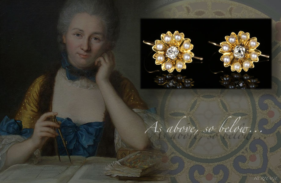 クッションシェイプ・ダイヤモンド＆天然真珠の黄金のコスモスのピアス