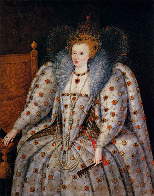 イングランドの処女王エリザベス1世の天然真珠が縫い付けられたドレスと天然真珠のジュエリーが素晴らしい絵画