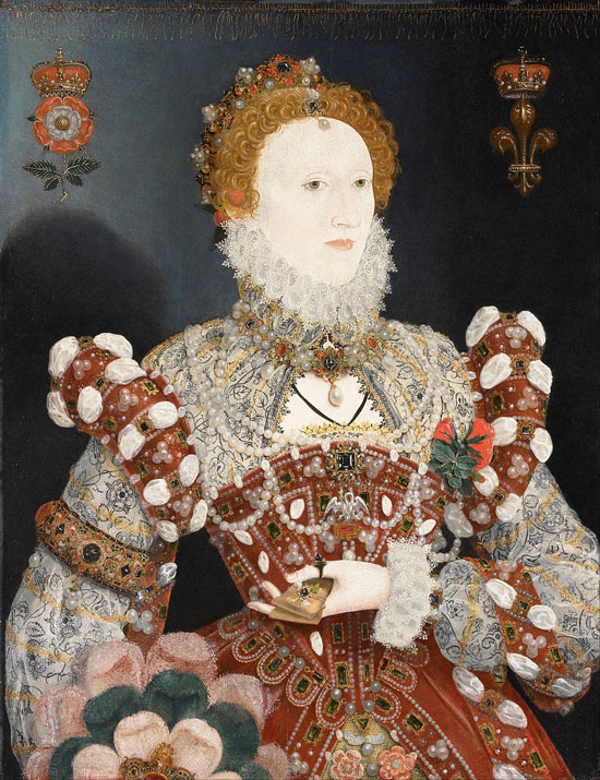イングランドの処女王エリザベス1世の天然真珠が縫い付けられたドレスと天然真珠のジュエリーが素晴らしい絵画