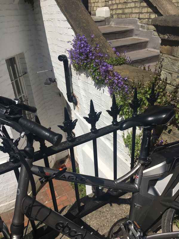 ハムステッドの集合住宅に咲く花と黒い自転車