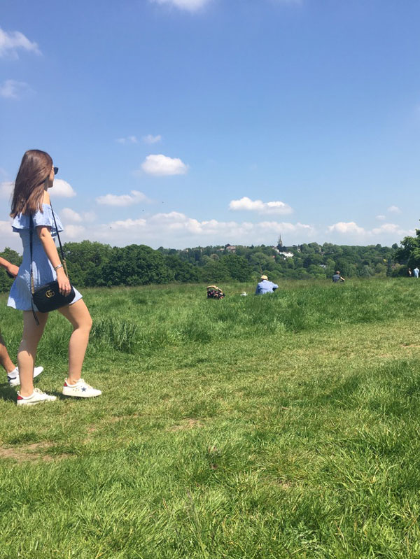 ハムステッド・ヒース　ロンドン　イギリス　原野　青空　高台　ピクニック　美女