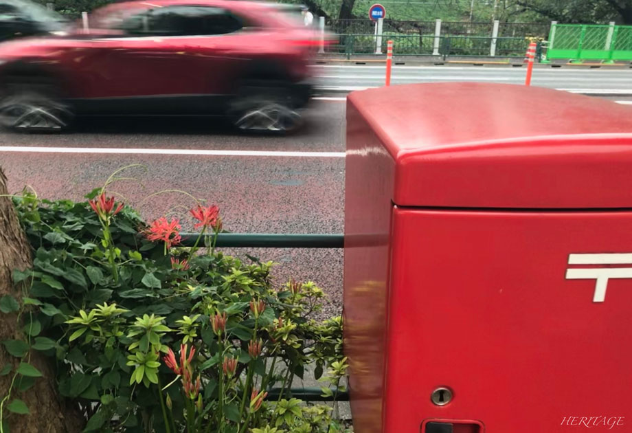 市ヶ谷の赤いポストと車と彼岸花
