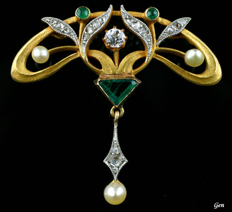 アールヌーボーのトライアングルカット・エメラルドと天然真珠とダイヤモンドを使ったフランス製のブローチ＆ペンダント