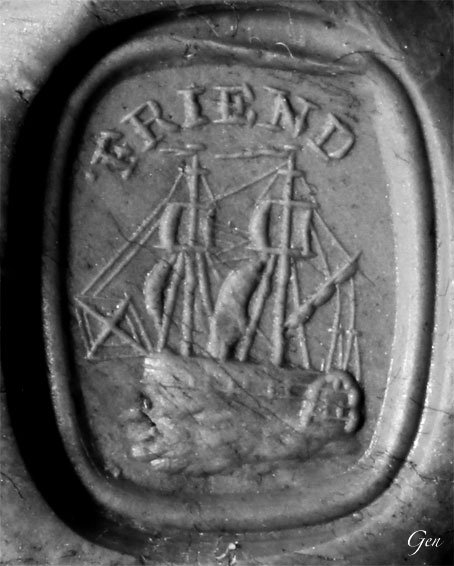 帆船とFRIENDの文字でFRIENDSHIPを表すインタリオの彫り