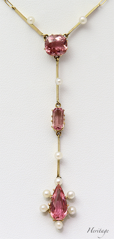 天然ピンクトルマリンと天然真珠のナイフエッジのネックレス