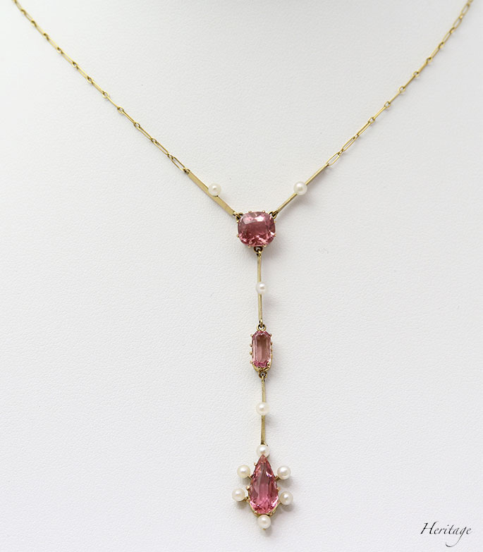 ピンクトルマリン＆天然真珠のナイフエッジのネックレス