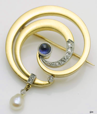 セセッション（ウィーン分離派）のサファイア＆天然真珠のアンティークの渦巻き型ゴールド・ブローチ