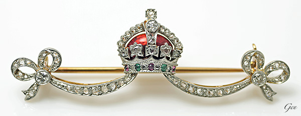 イギリス王室御用達　王冠　クラウン　ダイヤモンド　ギロッシュエナメル　ブローチ　アンティークジュエリー　ルネサンス