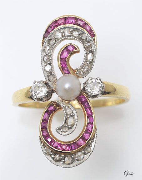 エドワーディアン　指輪　リング　カリブレカット　ルビー　ダイヤモンド　天然真珠